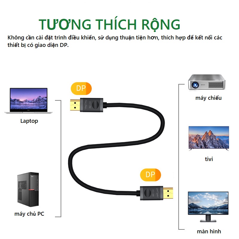 Cáp Displayport 1.4 8K@60Hz 4K@120Hz Veggieg V-Z602 màu đen cao cấp